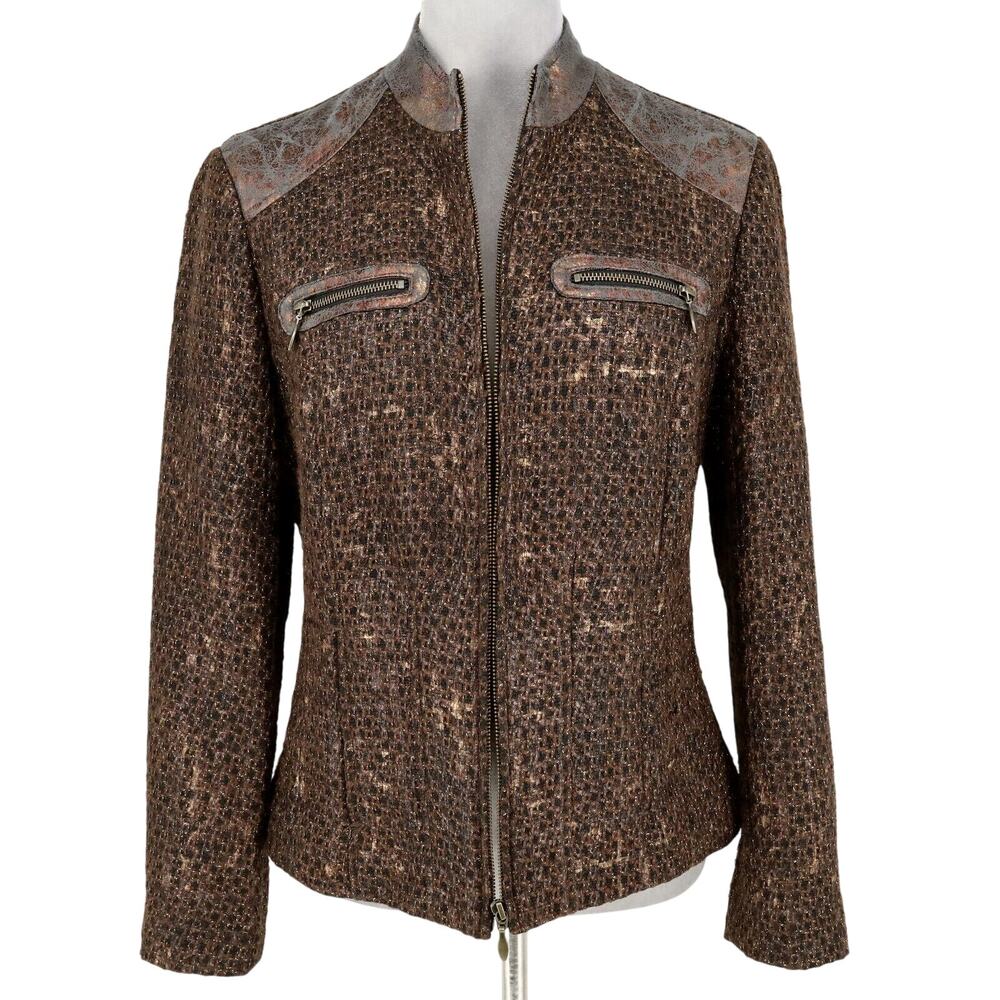 Chicos Jacket 1 Womens Medium 8 Brown Metallic Tweed Zip Lined Blazer Pockets